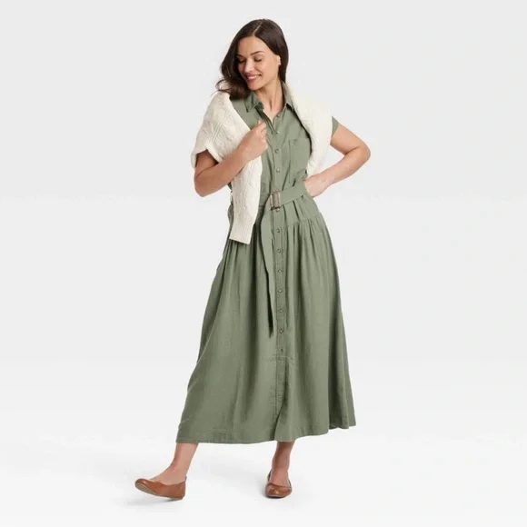 Women's Short Sleeve Belted Midi Shirtdress Green Universal Thread L - Picture 2 of 5